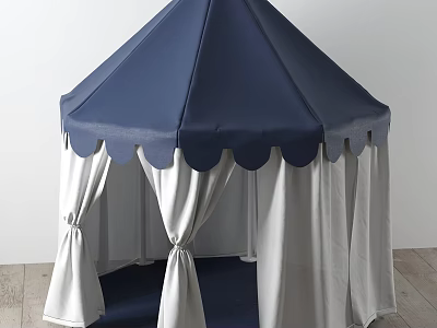 Blue Canopy Tent With White Curtains And Scalloped Edge On Wooden Floor 3d model