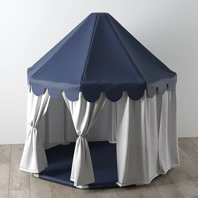 Blue Canopy Tent With White Curtains And Scalloped Edge On Wooden Floor 3d model