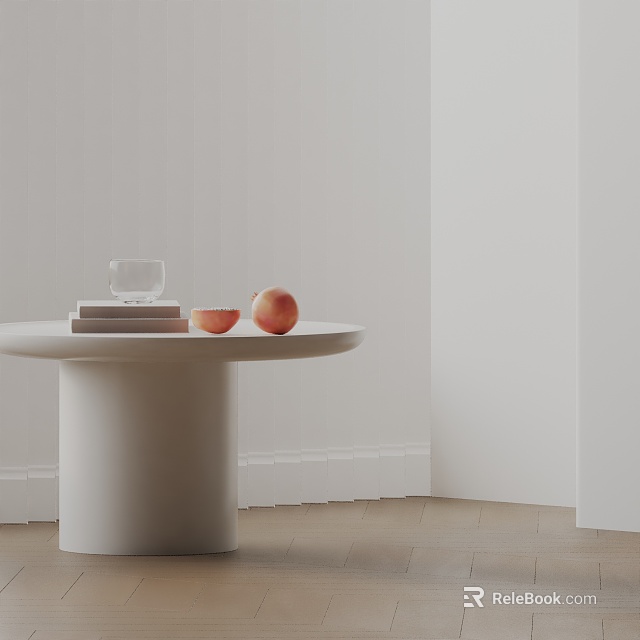 Modern Minimalist White Round Side Table With Books Glass Cup And Fruits 3d model 