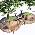 Wooden Outdoor Chairs With Curved Design Surrounded By Trees In Garden