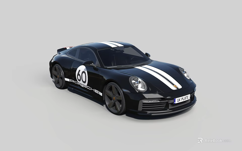 Black Porsche Sports Car With White Stripes 60 Logo On Door And Sporty Design 3d model 