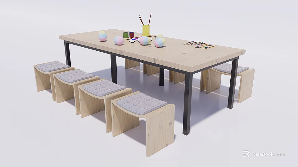 Kids Table with Wooden Top Metal Legs Stools Gray Cushions Colorful Cups Brushes 3d model 
