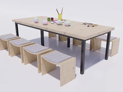 Kids Table with Wooden Top Metal Legs Stools Gray Cushions Colorful Cups Brushes 3d model
