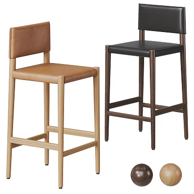 Modern Bar Stools Featuring Brown Black Leather Seats and Light Dark Wooden Frames 3d model