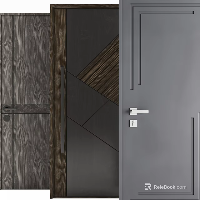 Modern Swing Door Design With Wooden Texture Gray Panel And Sleek Metallic Handle 3d model 