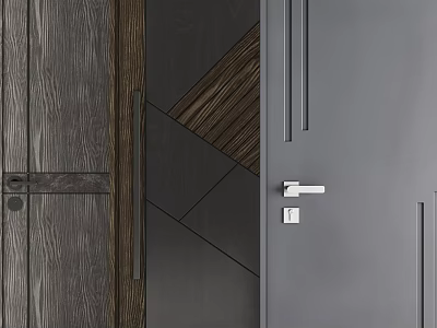 Modern Swing Door Design With Wooden Texture Gray Panel And Sleek Metallic Handle 3d model