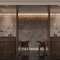 Elegant Restaurant Interior Design With Marble Walls Wooden Lattice Pine Decoration And Red Seating