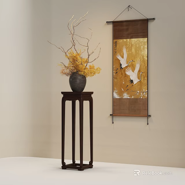 Traditional Dark Wood Flower Stand With Vase Yellow Flowers Twigs And Crane Scroll Painting 3d model 