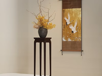 Traditional Dark Wood Flower Stand With Vase Yellow Flowers Twigs And Crane Scroll Painting 3d model
