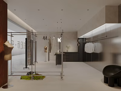 Modern Clothing Store Interior With Clothing Racks Display Clothes Mirrors And Seating Area 3d model