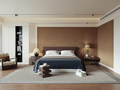Bedroom Interior Design With Blue Bedspread Wooden Walls Area Rug And Table Lamps 3d model