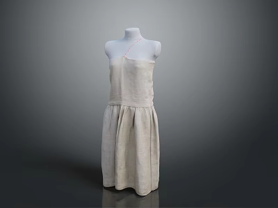 Beige Strapless Linen Dress with Pleated Design on White Mannequin and Simple Style 3d model