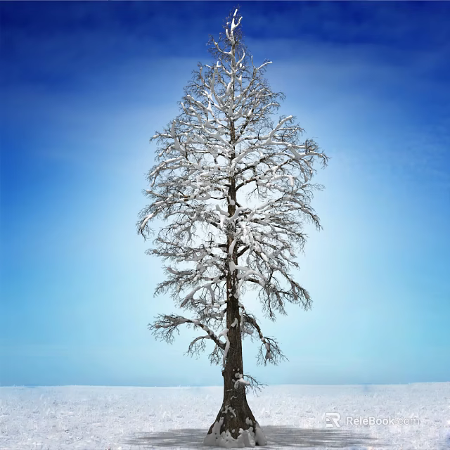 Snow Covered Tall Arbor With Bare Branches Against Clear Blue Sky And Snowy Ground 3d model 