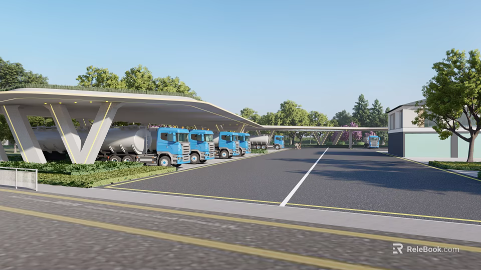 Outdoor Truck Parking Canopy Covering Blue Trucks In Green Tree Area 3d model 