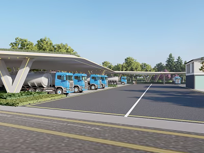 Outdoor Truck Parking Canopy Covering Blue Trucks In Green Tree Area 3d model