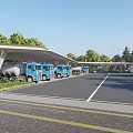 Outdoor Truck Parking Canopy Covering Blue Trucks In Green Tree Area