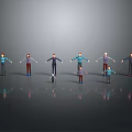 Cartoon Characters in Various Poses Including Adults and Kids on Smooth Gray Background with Reflections