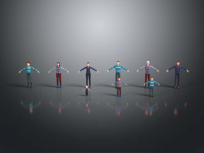 Cartoon Characters in Various Poses Including Adults and Kids on Smooth Gray Background with Reflections 3d model