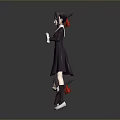 Game Movie Character With Mini Companion In Dark Dress Red Accents Holding Heart Object Standing