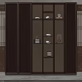 Chinese Style Dark Wood Decorative Cabinet With Layered Shelves Ornaments Lighting And Carved Lattice Panels