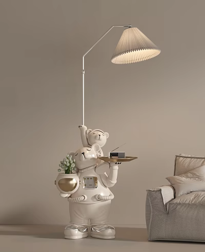 Modern Robot Shaped Floor Lamp With Tray And Green Plant In Living Room 3d model
