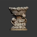 Garden Ornament With Bowl Shaped Top Carved Fruits Flowers And Cherub Statues On Stone Base