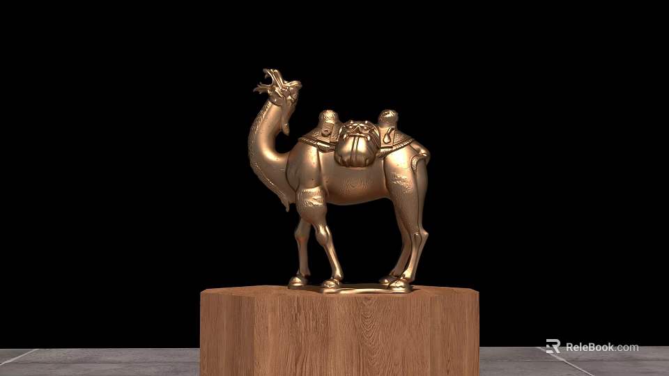Elegant Decorative Ornament Set With Golden Camel Figurine And Wooden Base 3d model 