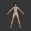 Woman In Blue And White Bikini Standing On Grey Background With Arms Outstretched