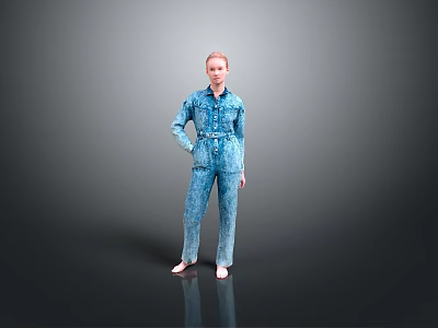 A Woman Standing Barefoot With Hands On Hips In Blue Denim Jumpsuit Against Gray Background 3d model