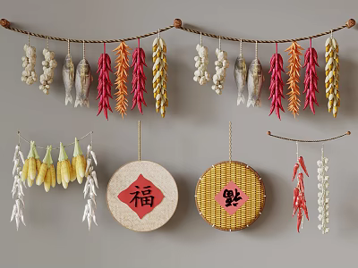 Chinese Style Garden Decorative Pieces Hanging Garlic Dried Fish Red Chilies Corn And Fu Xi Ornaments 3d model