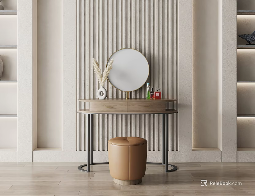 Modern Dressing Table With Round Mirror Wooden Top Metal Frame And Brown Stool 3d model 