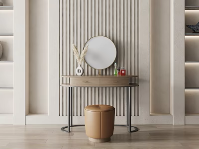 Modern Dressing Table With Round Mirror Wooden Top Metal Frame And Brown Stool 3d model