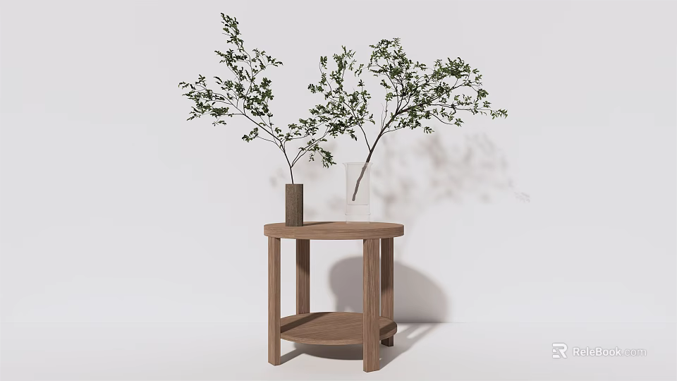 Wooden Side Table with Minimalist Design and Vase Holding Green Branches in Home Interior Decor 3d model 