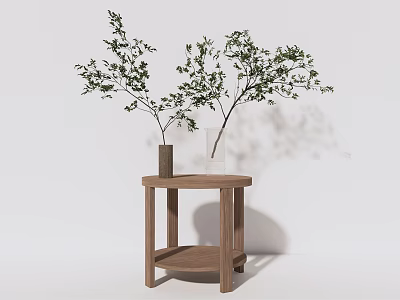 Wooden Side Table with Minimalist Design and Vase Holding Green Branches in Home Interior Decor 3d model