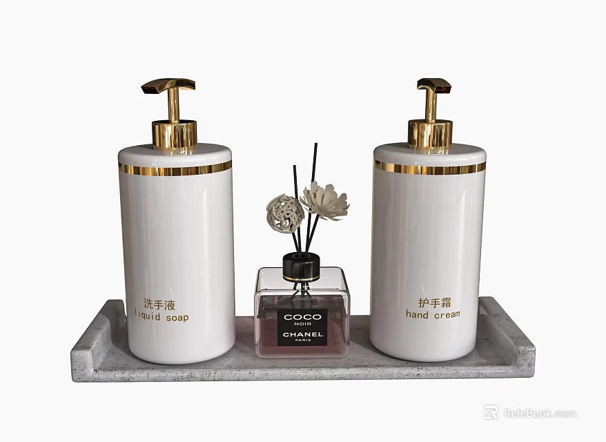 White Hand Soap Body Wash Dispensers With Gold Accents On Tray 3d model 
