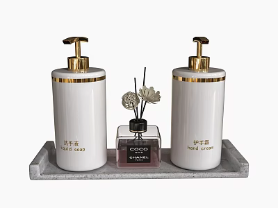 White Hand Soap Body Wash Dispensers With Gold Accents On Tray 3d model