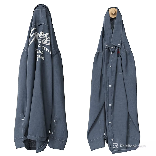 Two Dark Blue Shirts One With White Text Design And Solid Buttoned Style 3d model