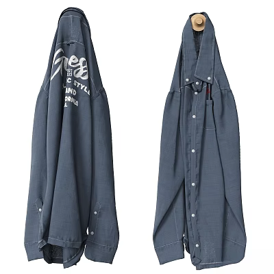 Two Dark Blue Shirts One With White Text Design And Solid Buttoned Style 3d model