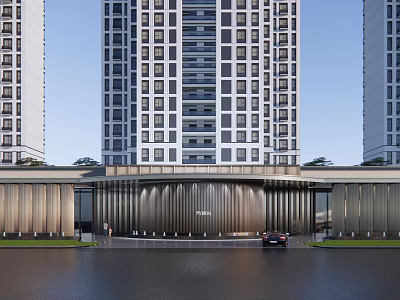 Modern Residential Entrance Gate With Metal Facade Tall Buildings Car and Water Surface 3d model