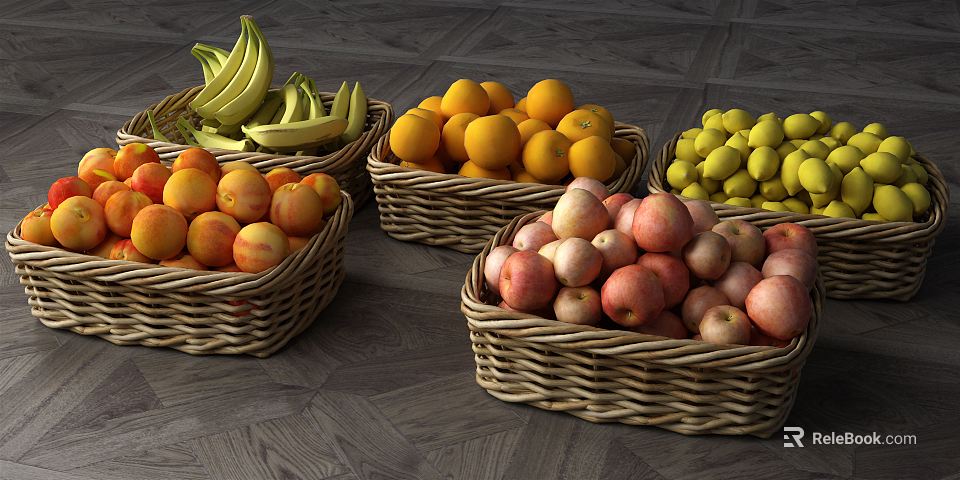 Fresh Assorted Fruits Including Bananas Oranges Lemons And Apples In Wicker Baskets On Wooden Floor 3d model 