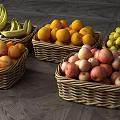 Fresh Assorted Fruits Including Bananas Oranges Lemons And Apples In Wicker Baskets On Wooden Floor