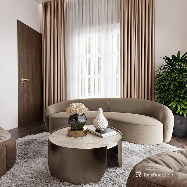 Modern Living Room Interior With Curved Beige Sofa Round Coffee Table Vases And Green Plant 3d model 