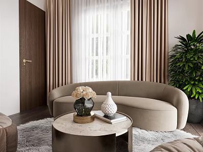Modern Living Room Interior With Curved Beige Sofa Round Coffee Table Vases And Green Plant 3d model