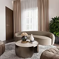 Modern Living Room Interior With Curved Beige Sofa Round Coffee Table Vases And Green Plant