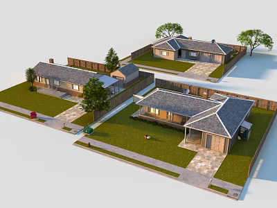 Modern Residential Houses with Gray Roofs Brown Exteriors Lawns Trees Fences and Driveways 3d model