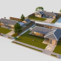 Modern Residential Houses with Gray Roofs Brown Exteriors Lawns Trees Fences and Driveways