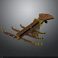 Ancient Mechanical Weapon With Wooden Body Intricate Carvings Golden Decorations And Multiple Bowstrings