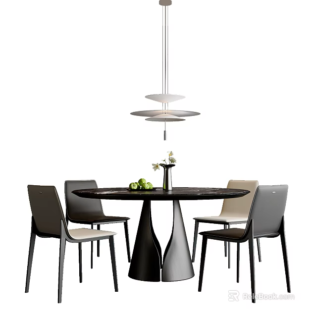 Modern Round Dining Table Set With Chairs Hanging Pendant Light And Tabletop Decor 3d model