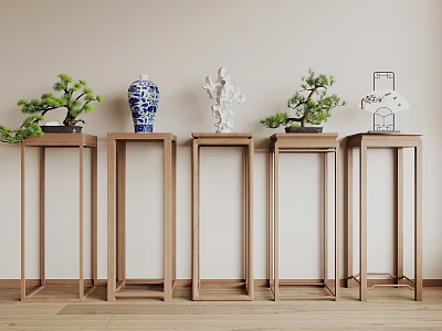 Elegant Wooden Plant Stands With Vase Sculpture Bonsai And Birdcage Decor 3d model