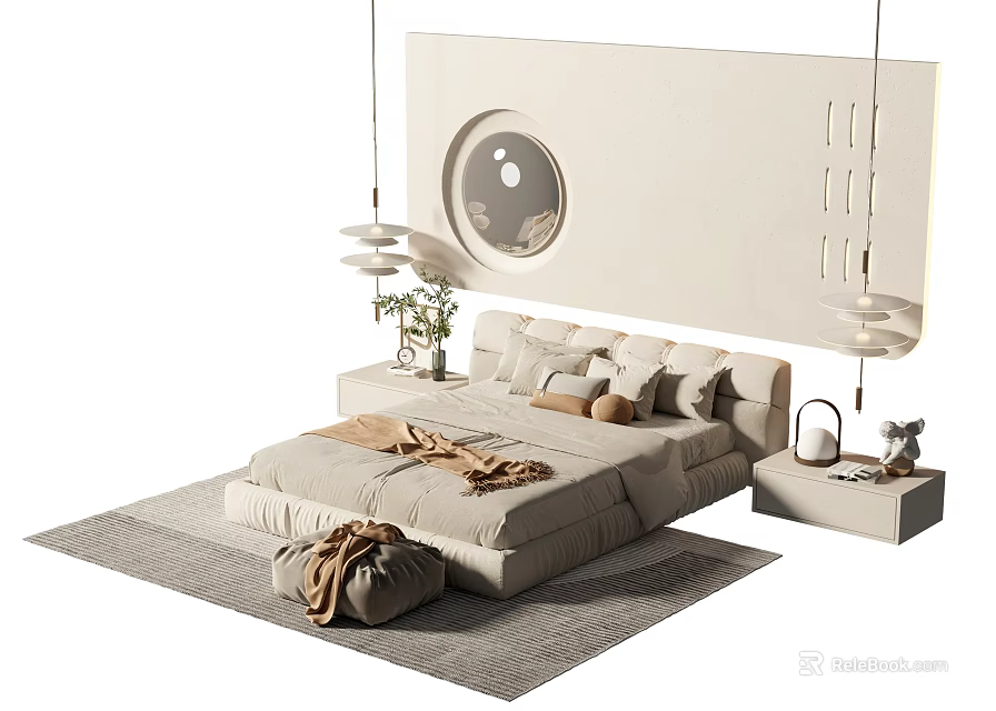 Modern Double Bed Interior With Beige Bedding Pillows Throw Blanket And Circular Wall Decor 3d model 
